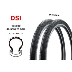 2 Stück 26 Zoll DSI Fahrrad Reifen 50-559 City Bike Stadtrad 26x1.90 Schwarz